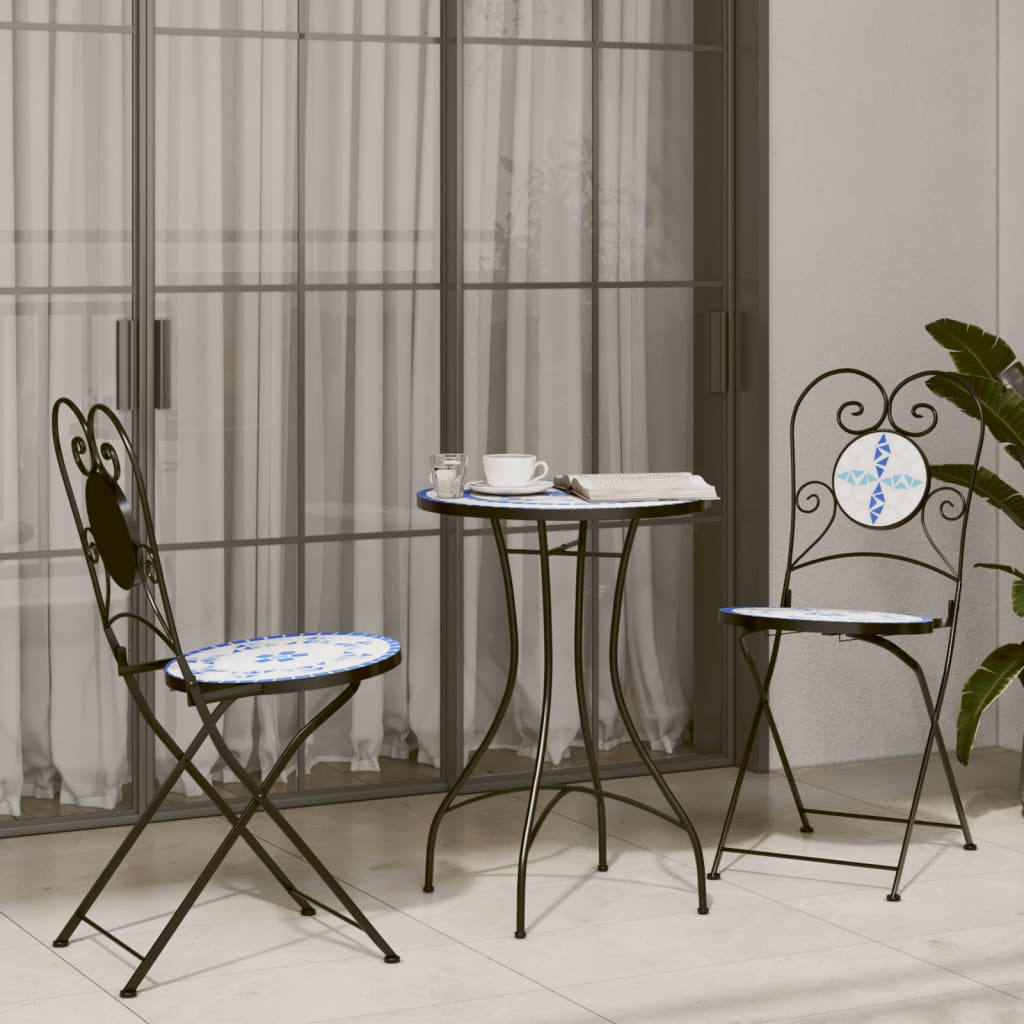 Foldable Bistro Chairs Set - 2 Pcs, Blue & White Ceramic Design