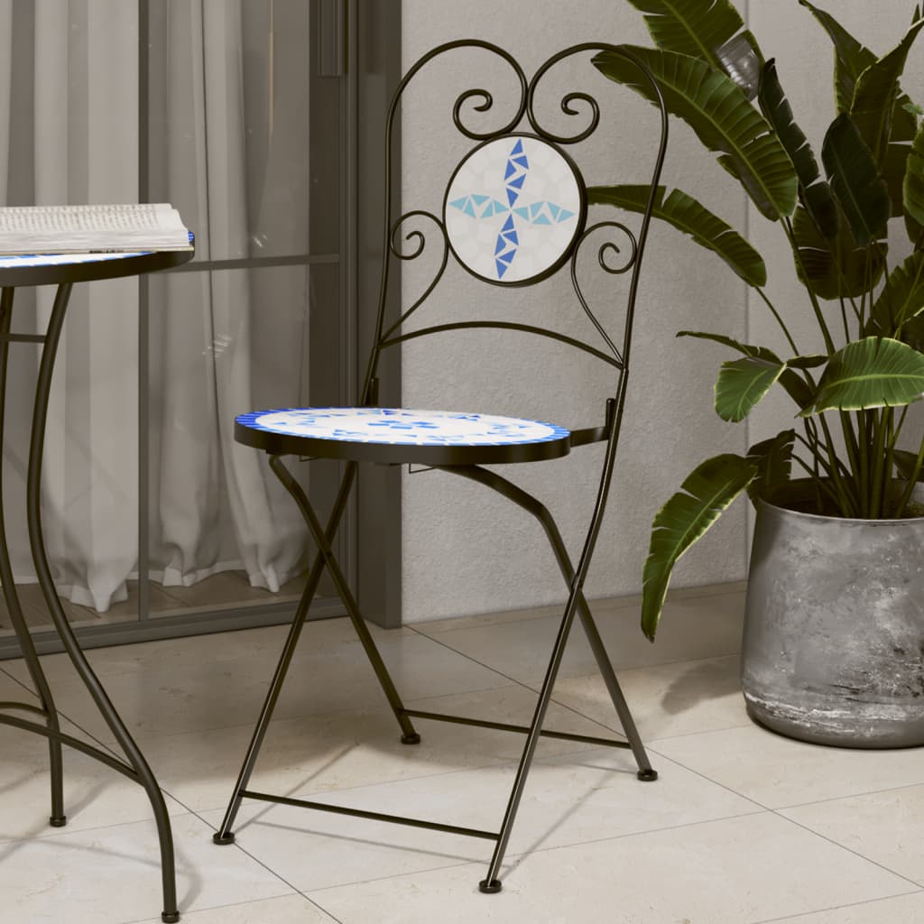 Foldable Bistro Chairs Set - 2 Pcs, Blue & White Ceramic Design