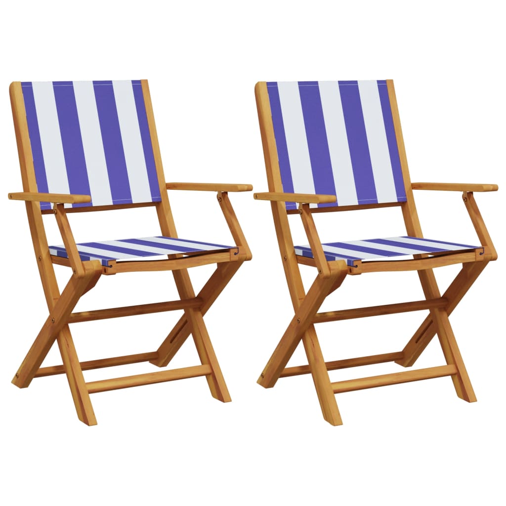 Solid Wood Acacia Garden Chairs 2 pcs - Blue & White Fabric