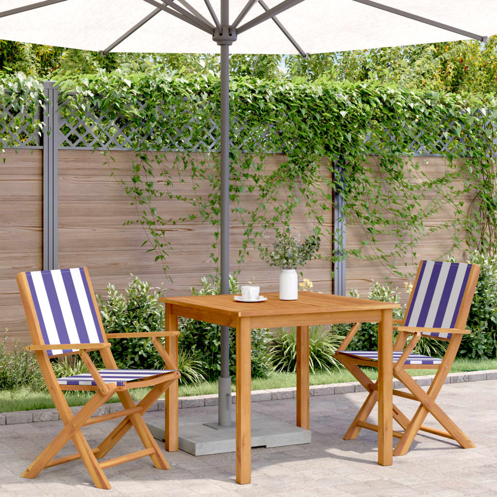 Solid Wood Acacia Garden Chairs 2 pcs - Blue & White Fabric