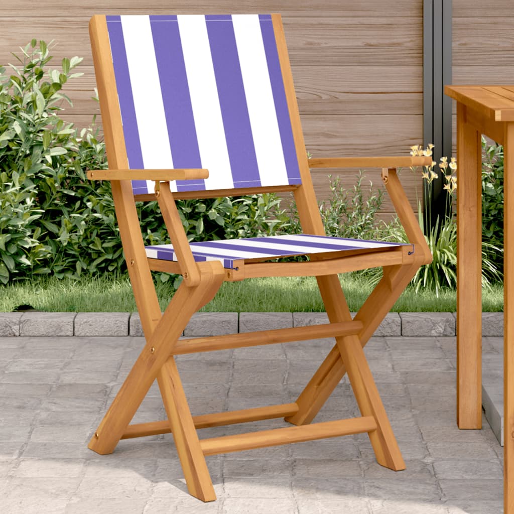 Solid Wood Acacia Garden Chairs 2 pcs - Blue & White Fabric