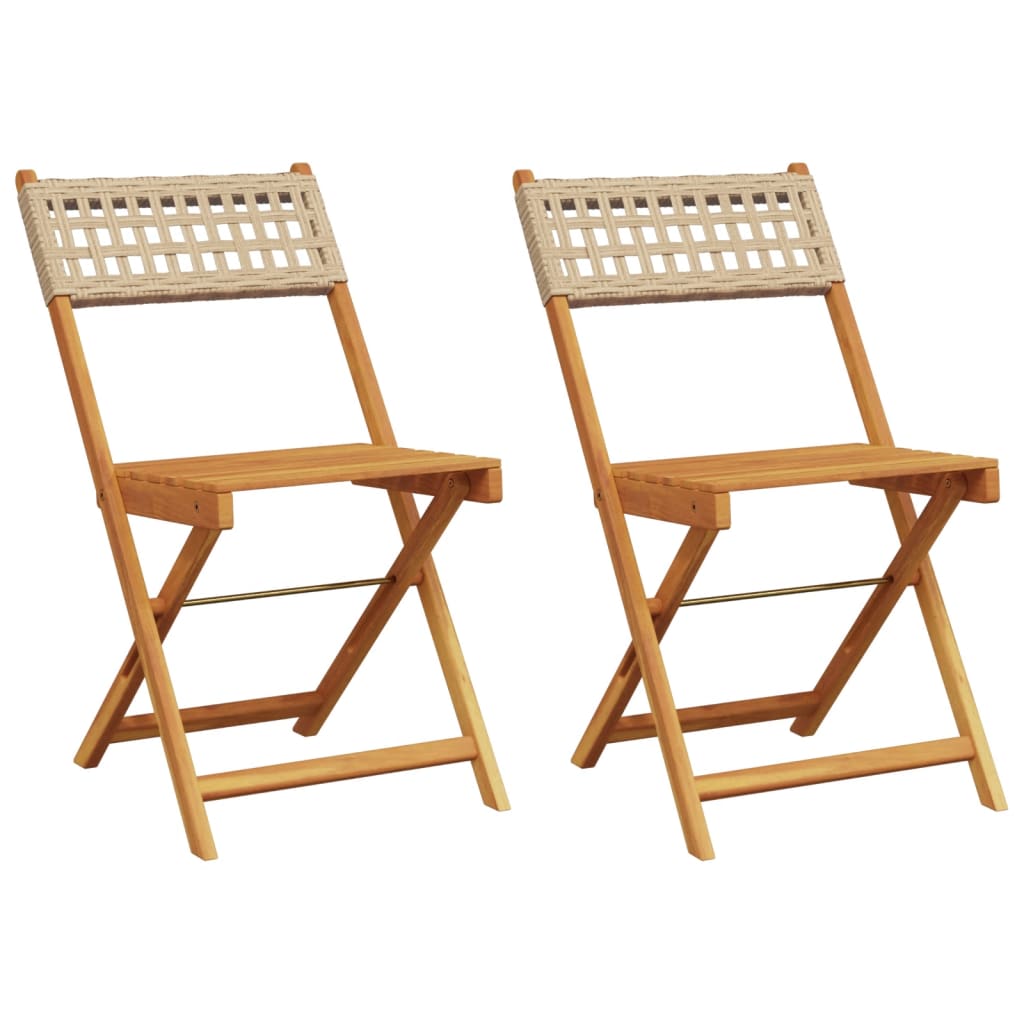 Beige Bistro Chairs Set of 2 - Solid Wood Acacia & Poly Rattan