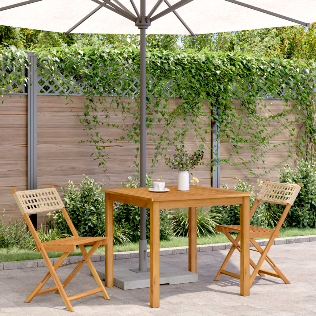 Beige Bistro Chairs Set of 2 - Solid Wood Acacia & Poly Rattan
