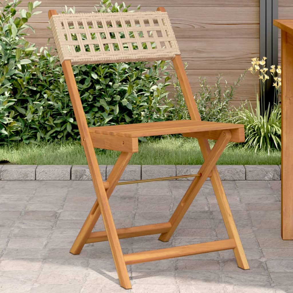 Beige Bistro Chairs Set of 2 - Solid Wood Acacia & Poly Rattan