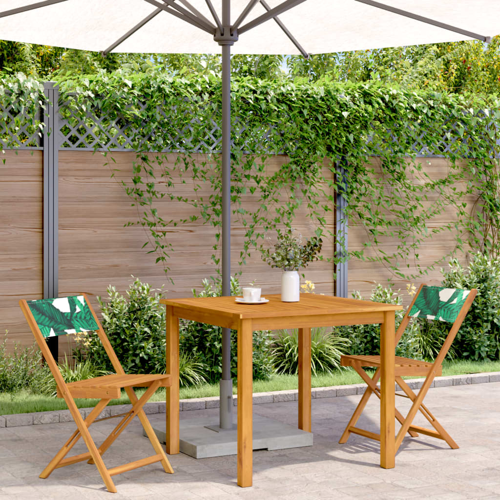 Leaf Pattern Bistro Chairs 2pc Set, Acacia Wood & Fabric