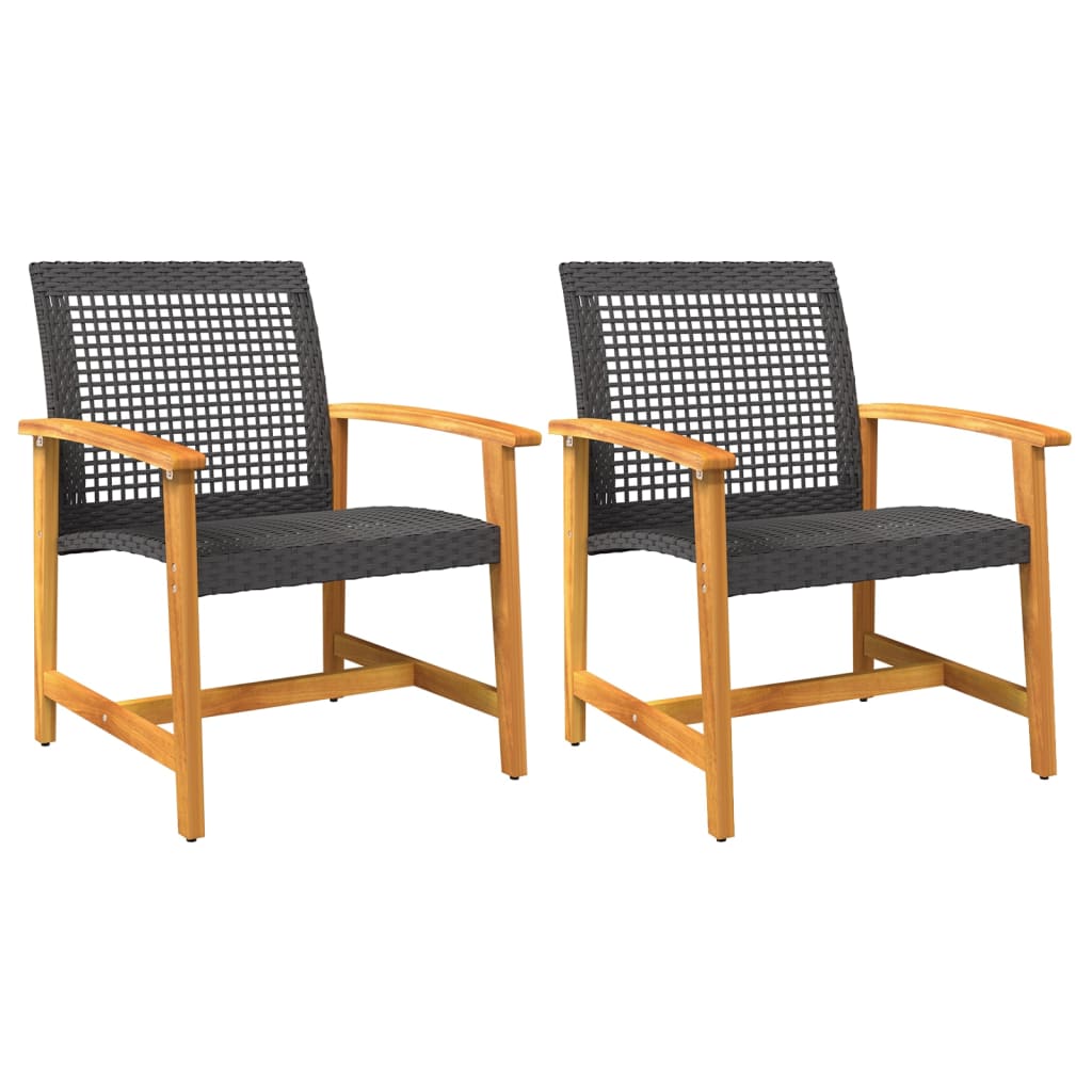Black Poly Rattan & Acacia Wood Garden Chairs - Set of 2