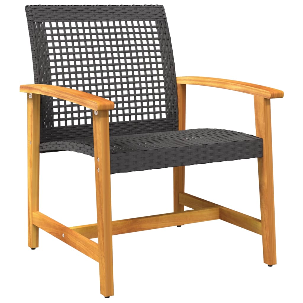 Black Poly Rattan & Acacia Wood Garden Chairs - Set of 2