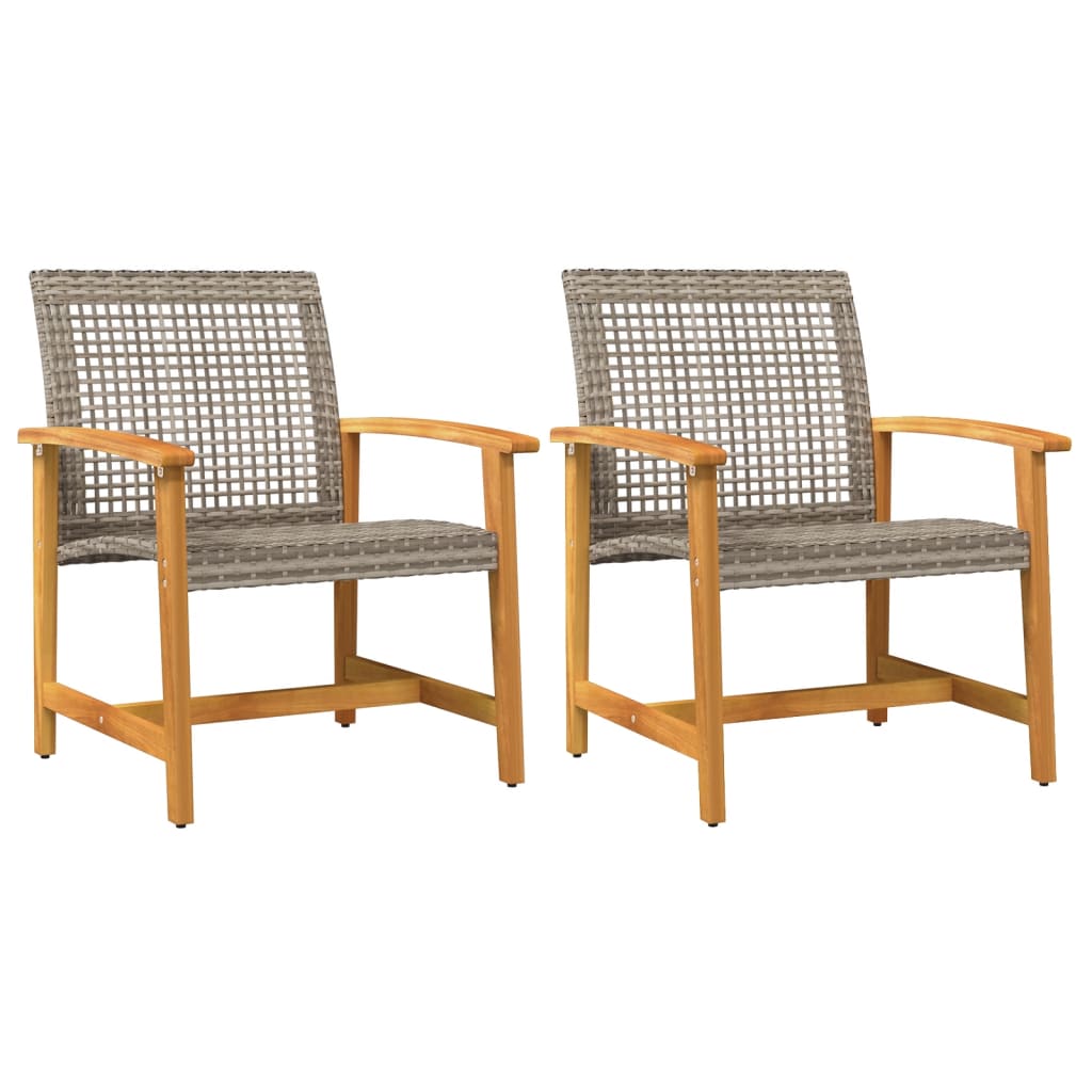 Grey Poly Rattan & Acacia Wood Garden Chairs - Set of 2