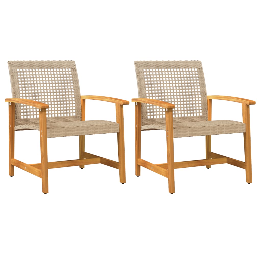 Beige Poly Rattan & Acacia Wood Garden Chairs - Set of 2