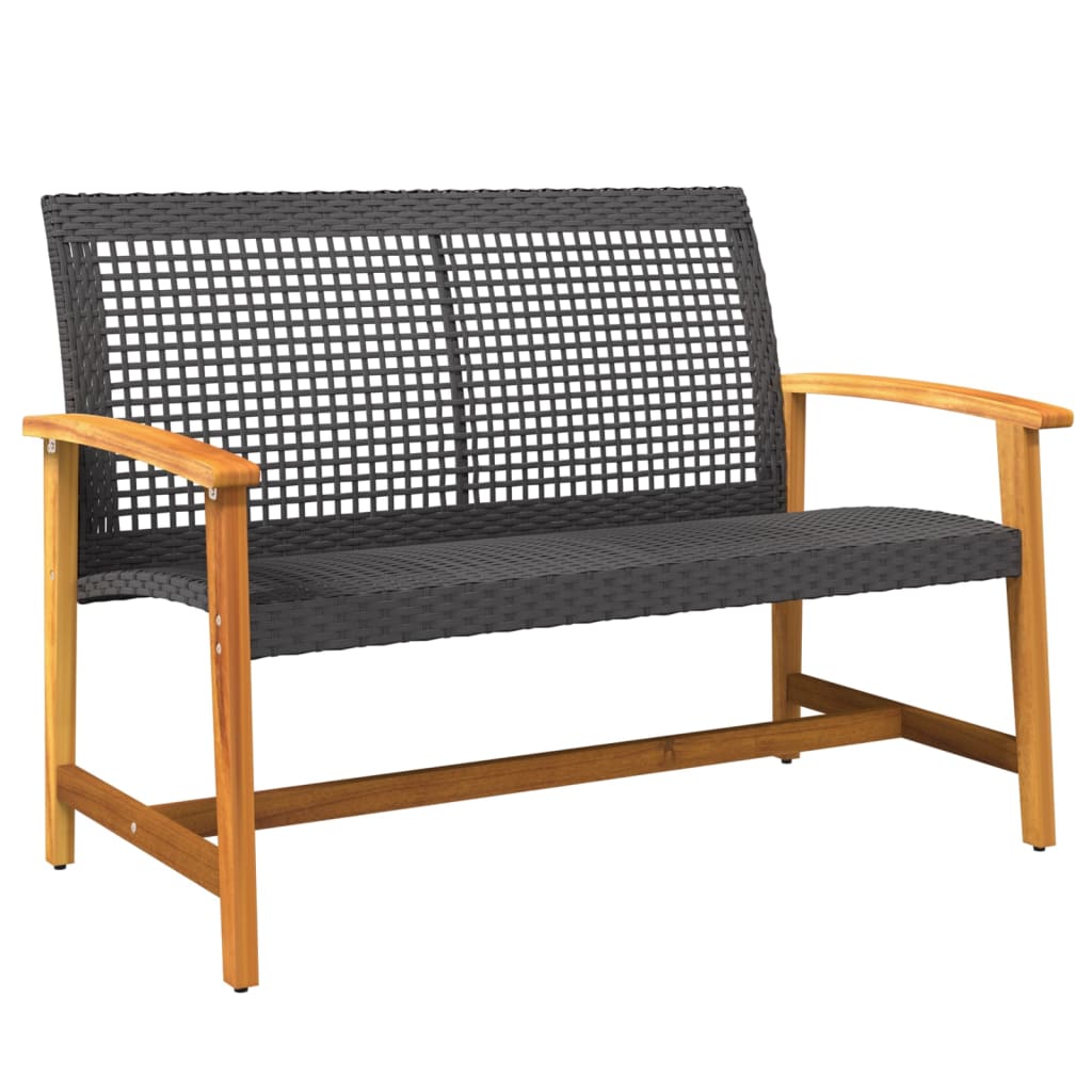 Black Poly Rattan & Acacia Wood Garden Bench - 112 cm