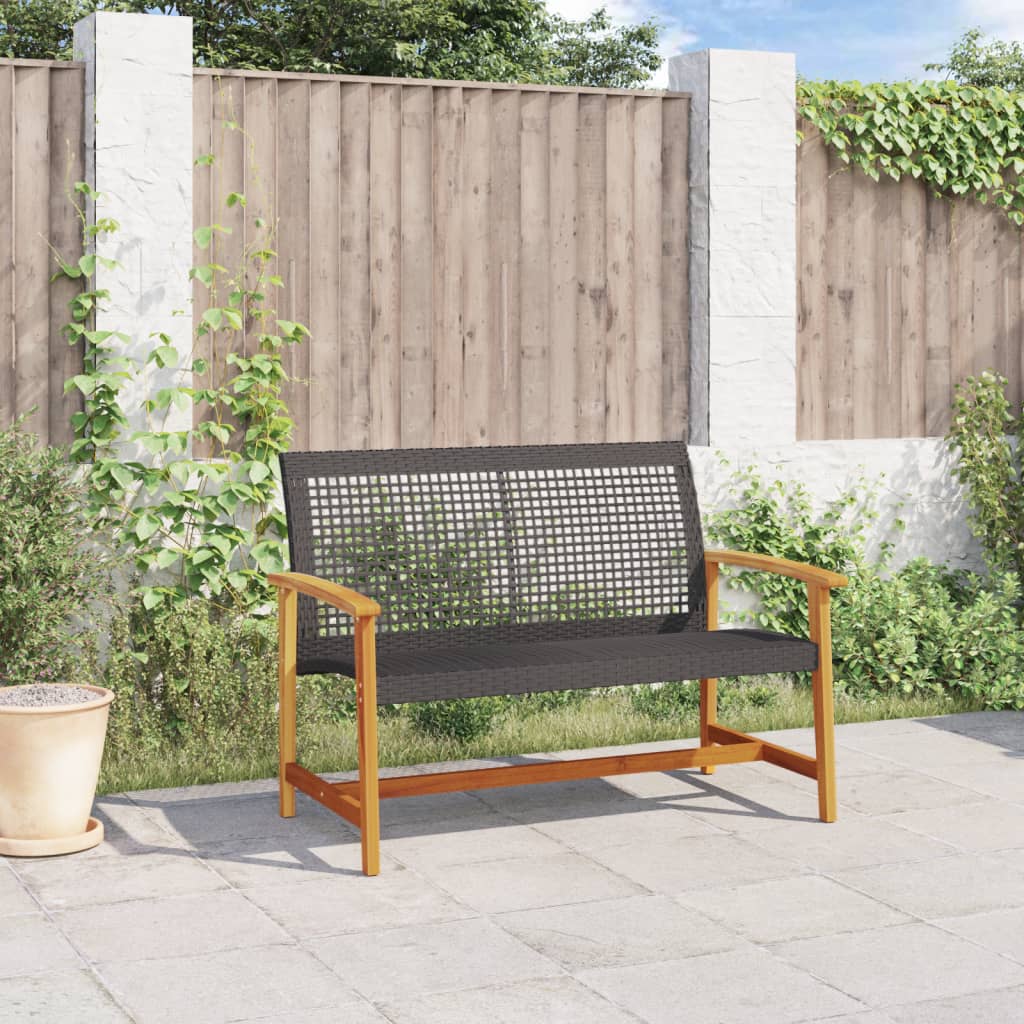 Black Poly Rattan & Acacia Wood Garden Bench - 112 cm