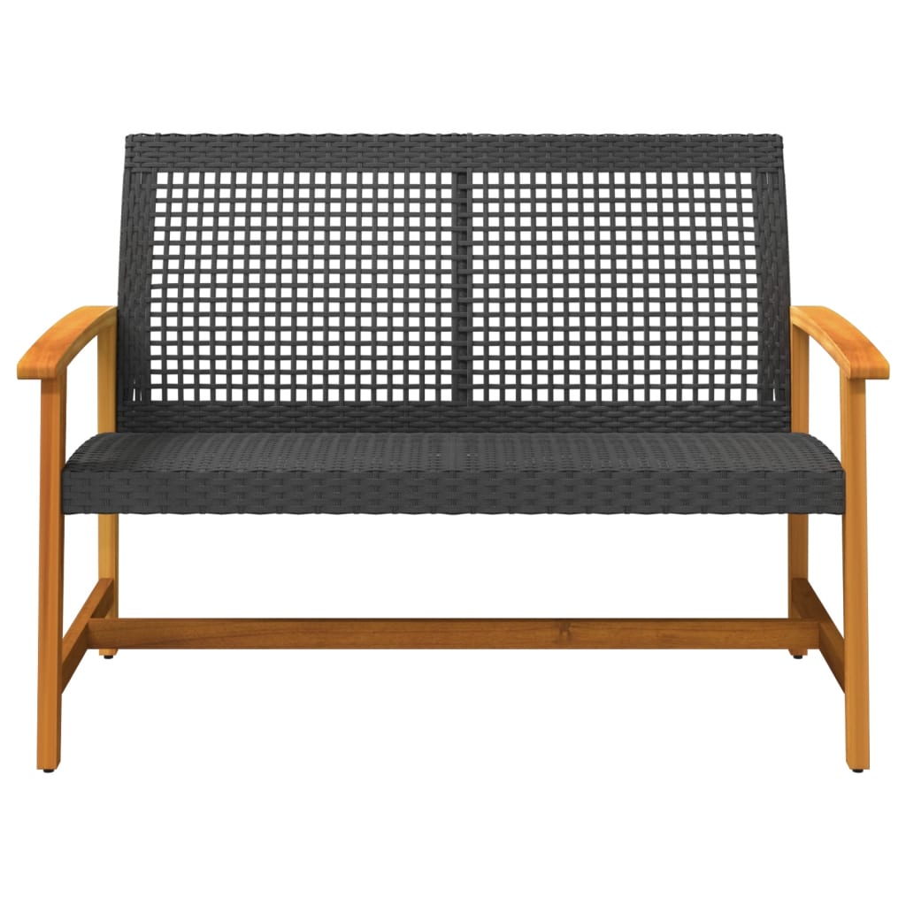 Black Poly Rattan & Acacia Wood Garden Bench - 112 cm