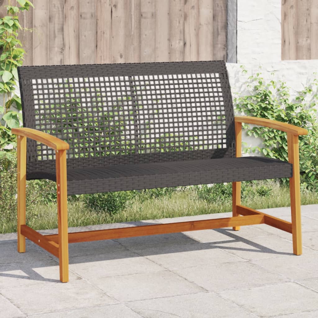 Black Poly Rattan & Acacia Wood Garden Bench - 112 cm