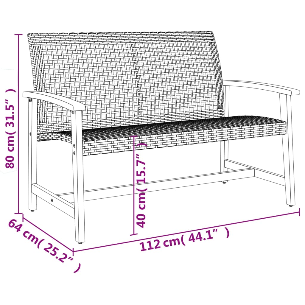 Stylish Grey Garden Bench - 112cm Poly Rattan & Acacia Wood
