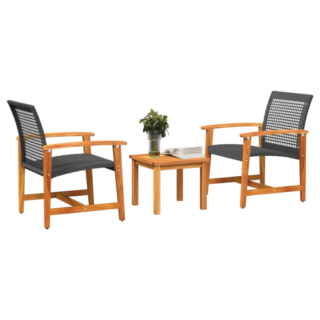 Elegant 3-Piece Black Bistro Set - Poly Rattan & Acacia Wood