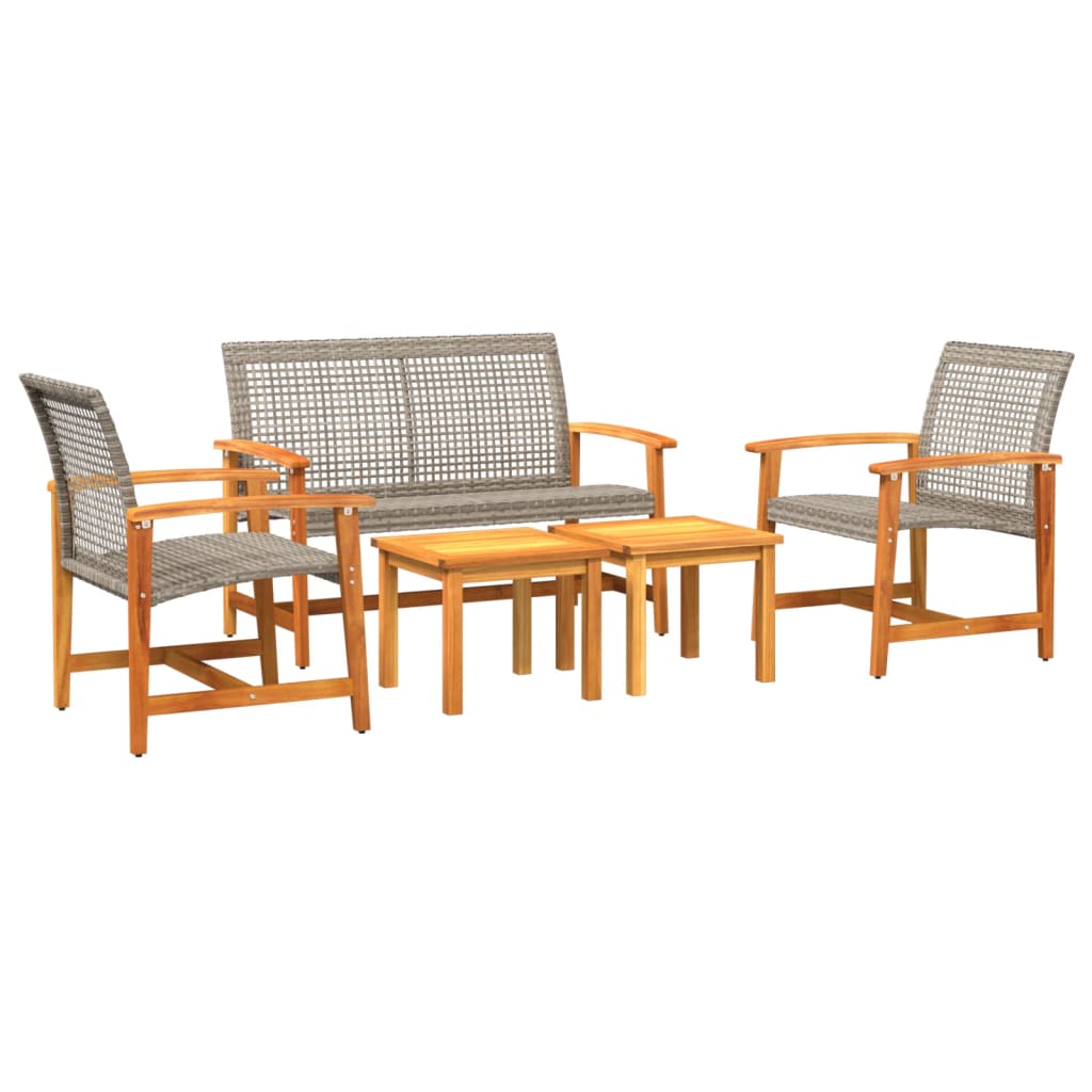 5-Piece Grey Rattan & Acacia Wood Garden Lounge Set