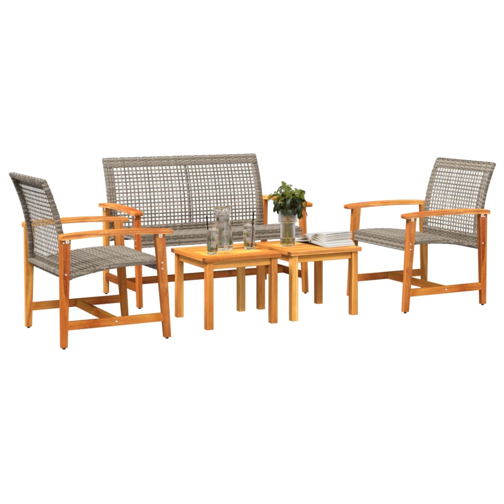 5-Piece Grey Rattan & Acacia Wood Garden Lounge Set