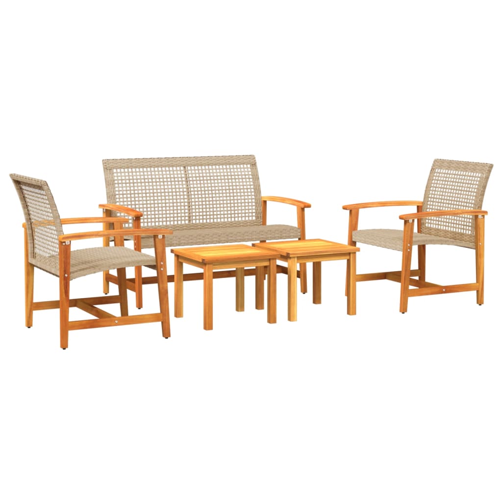 Beige Poly Rattan & Acacia 5-Piece Garden Lounge Set