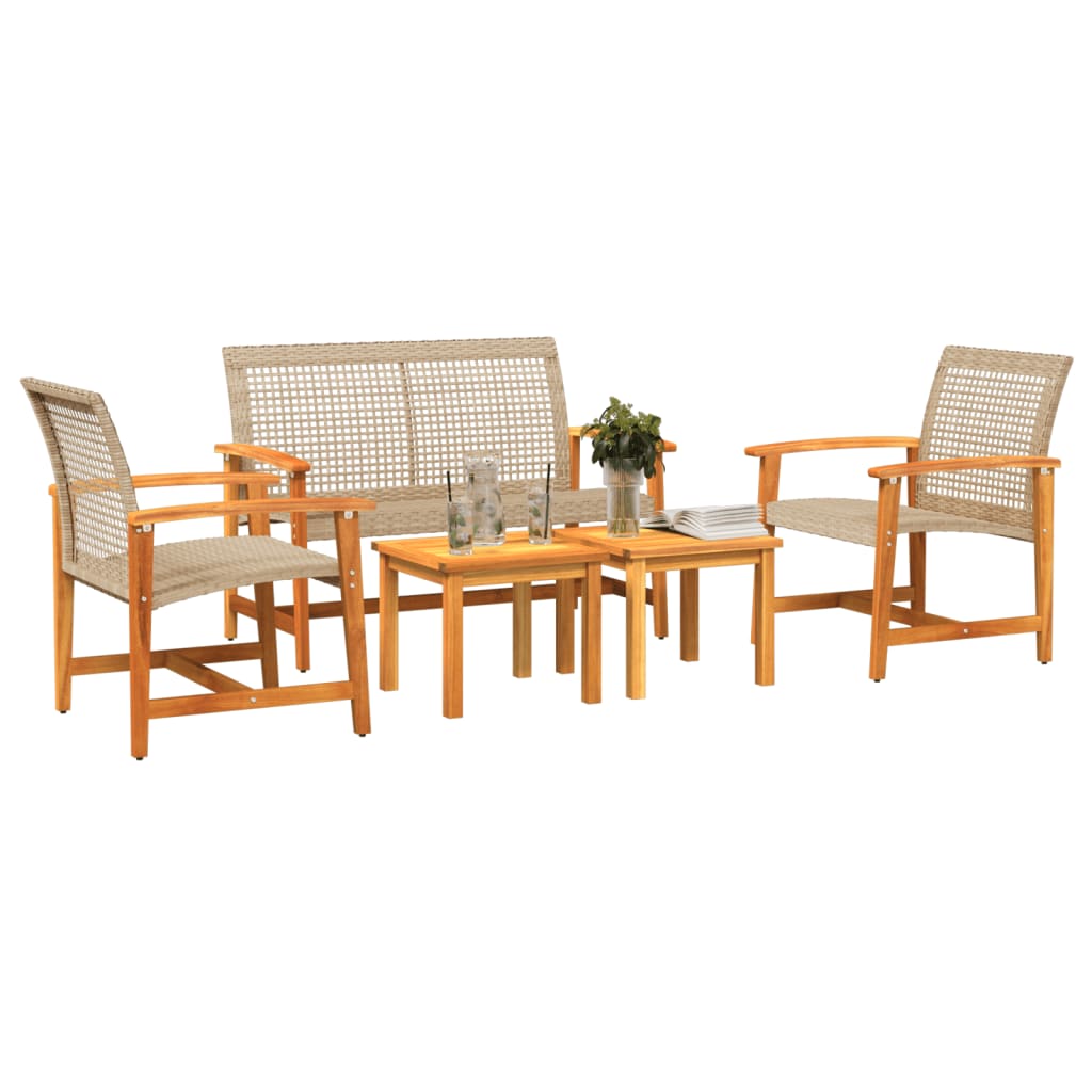 Beige Poly Rattan & Acacia 5-Piece Garden Lounge Set
