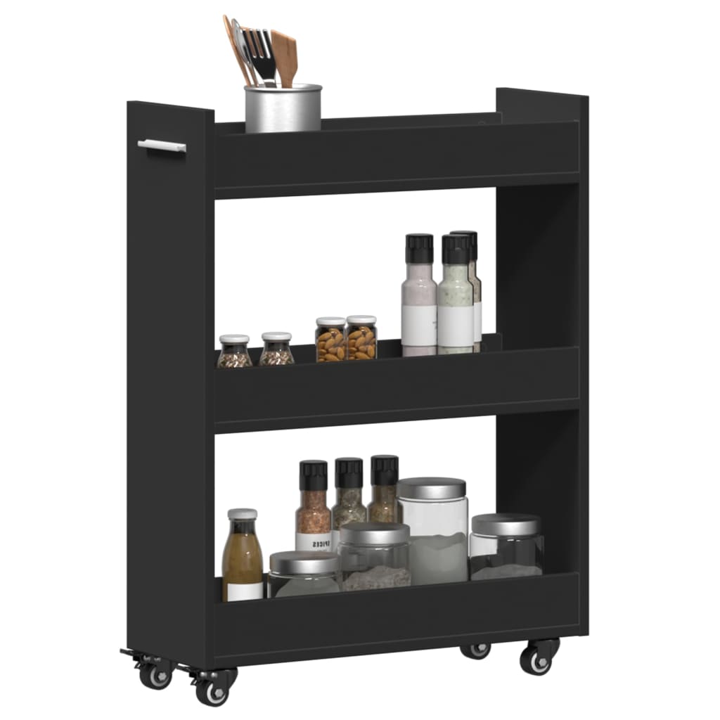 Black Engineered Wood Cabinet with Wheels - 60x22x79 cm