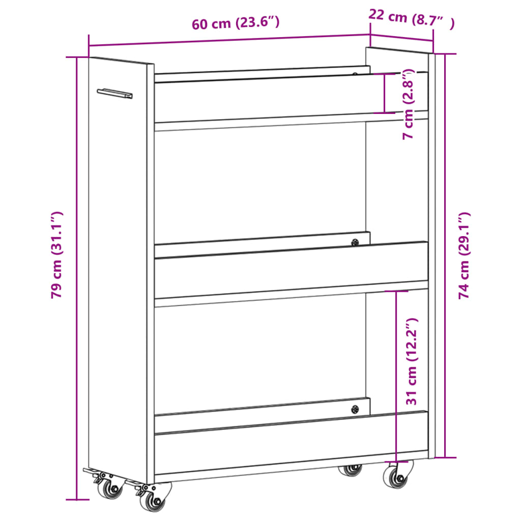 Black Engineered Wood Cabinet with Wheels - 60x22x79 cm