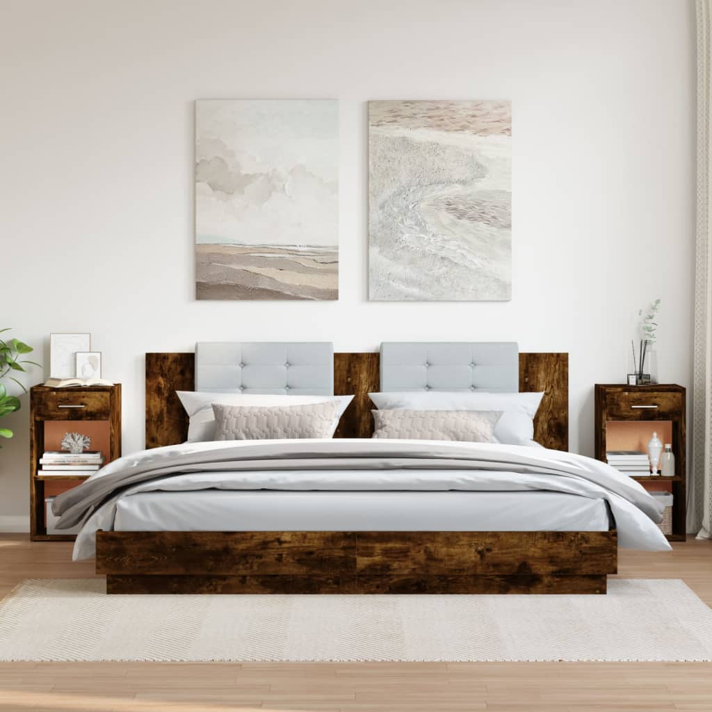 Set of 2 Smoked Oak Bedside Cabinets, 35x34x65 cm, Engineered Wood