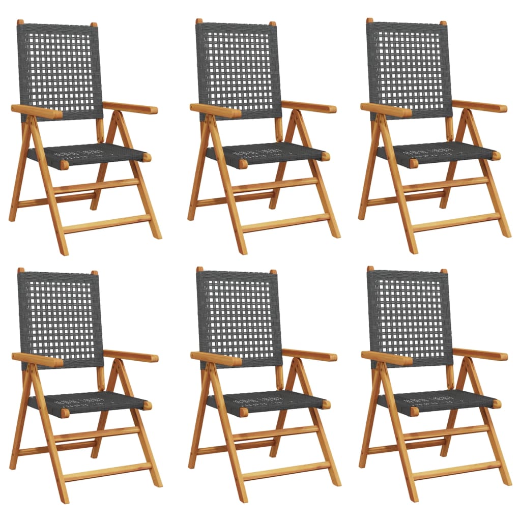 6-Piece Black Reclining Garden Chairs in Poly Rattan & Wood