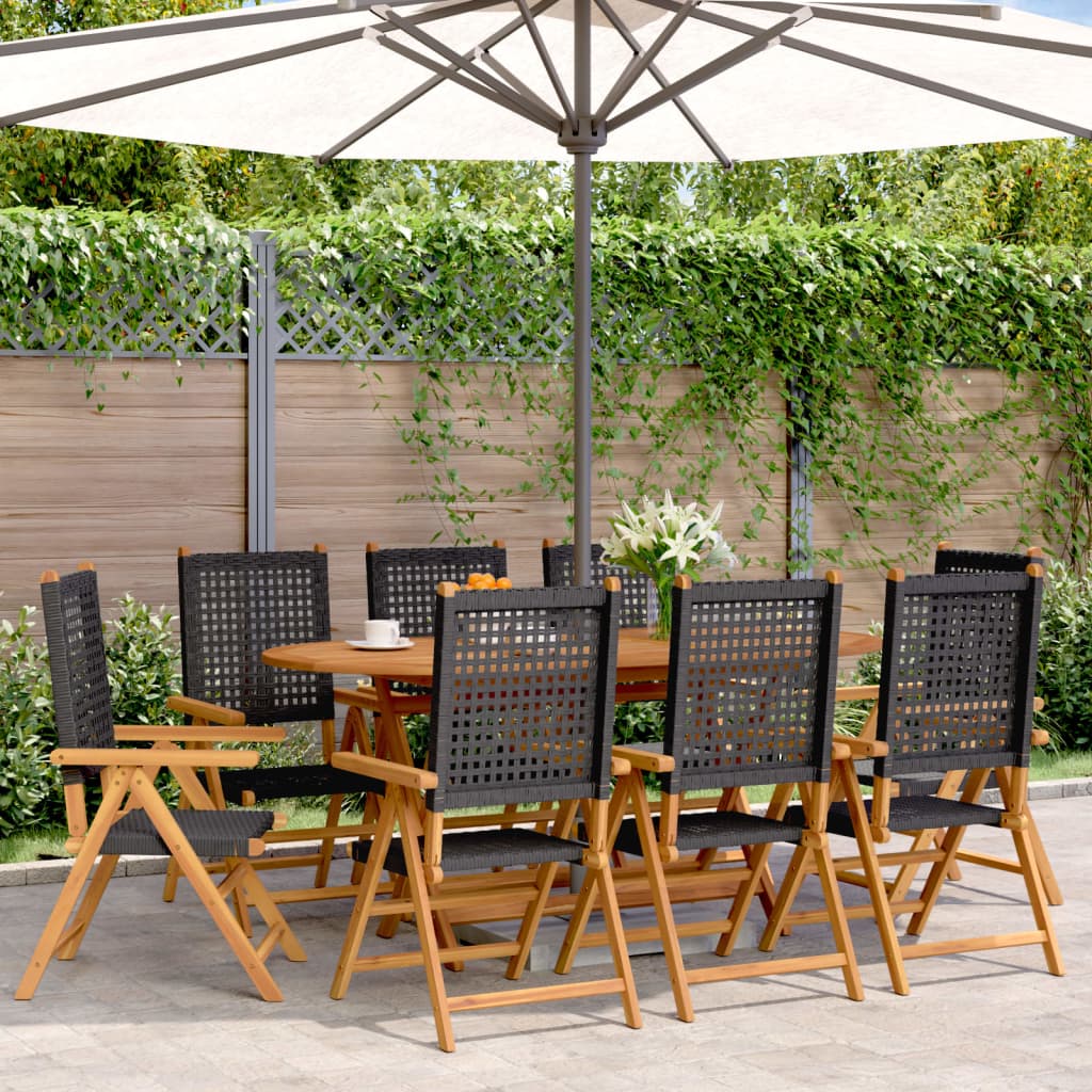8 Black Poly Rattan & Wood Reclining Garden Chairs Set