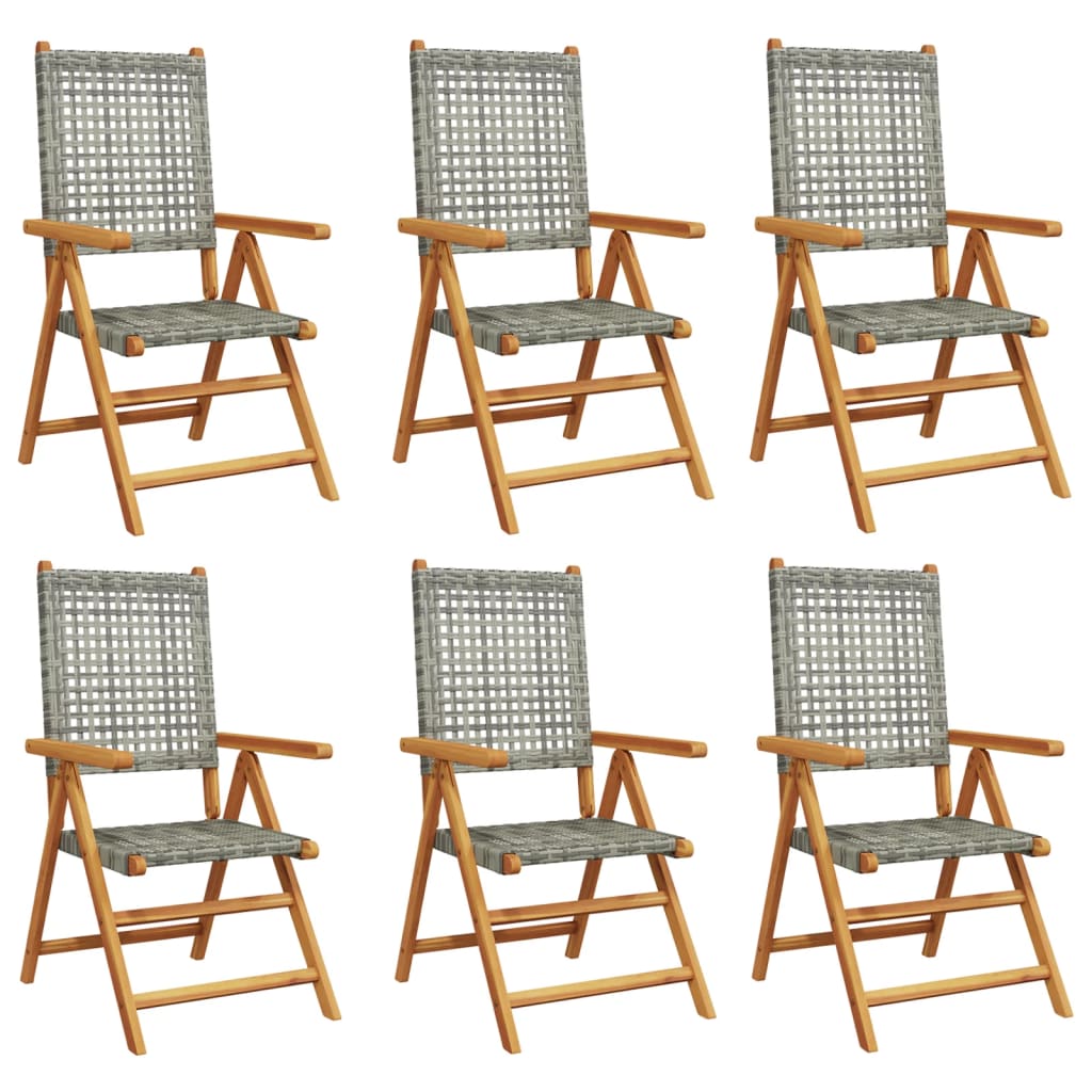6 Grey Poly Rattan & Wood Reclining Garden Chairs Set