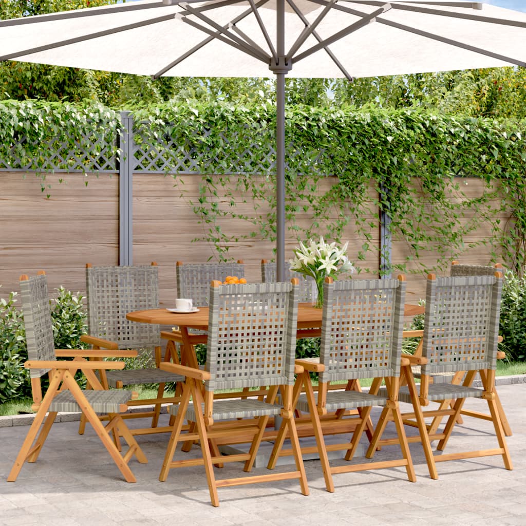 8-Piece Grey Poly Rattan & Wood Reclining Garden Chairs Set