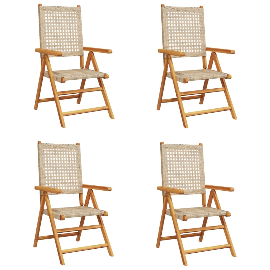 Beige Poly Rattan Reclining Garden Chairs, Set of 4 with Wood Accents