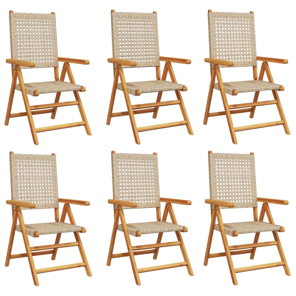 6 Beige Poly Rattan & Wood Reclining Garden Chairs – Set of 6