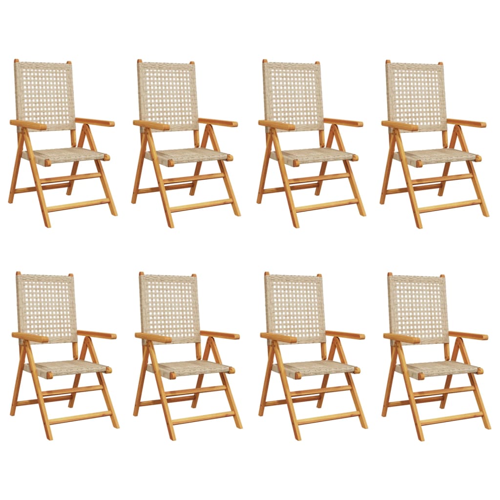 Beige Poly Rattan & Wood Reclining Garden Chairs Set, 8 Pcs