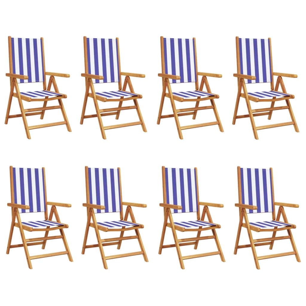 Blue & White Fabric Reclining Garden Chairs, 8 Piece Set, Solid Wood