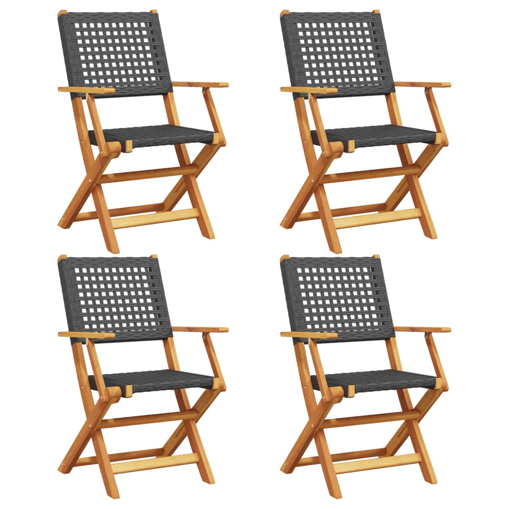 4-Piece Black Poly Rattan & Wood Folding Garden Chairs Set