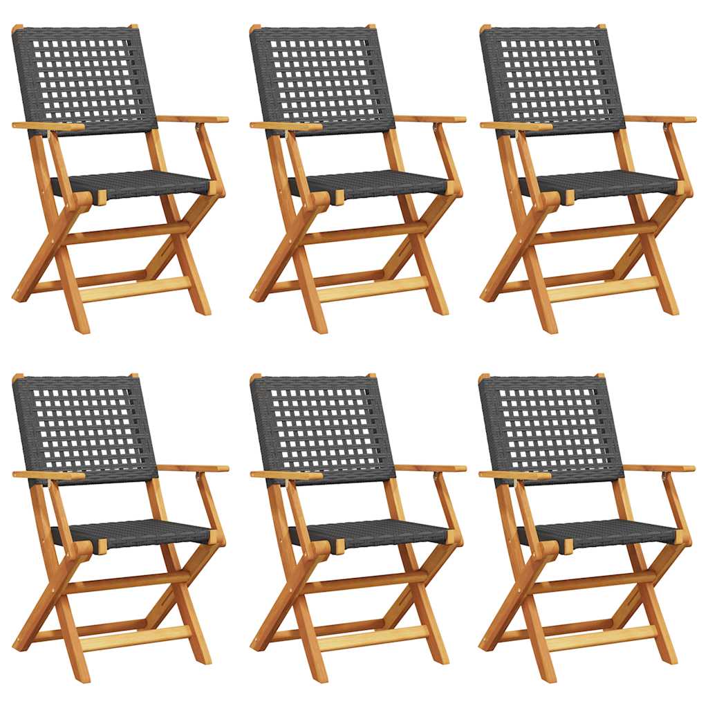 Black Poly Rattan & Solid Wood Folding Garden Chairs Set of 6