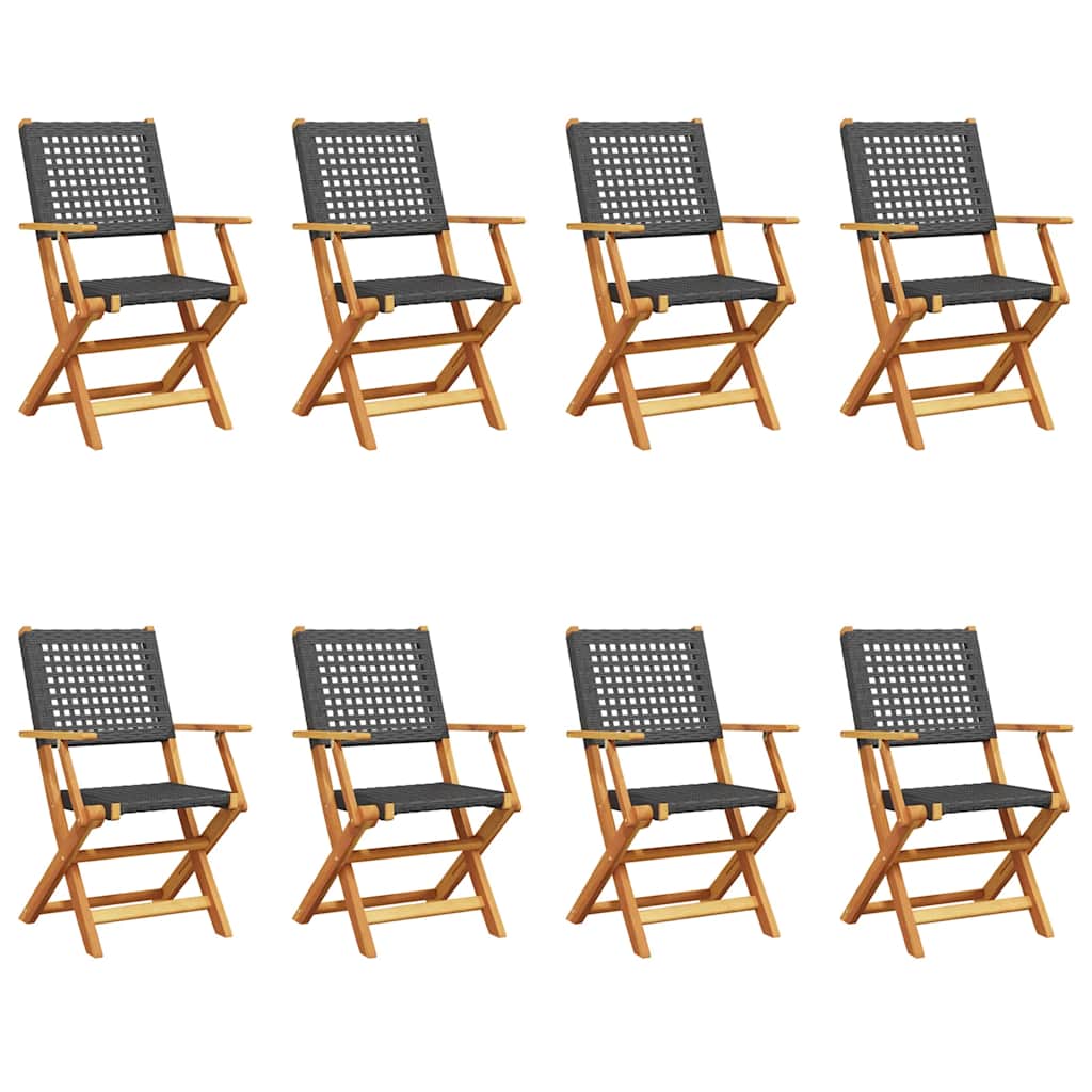8-Piece Black Poly Rattan & Wood Folding Garden Chairs Set