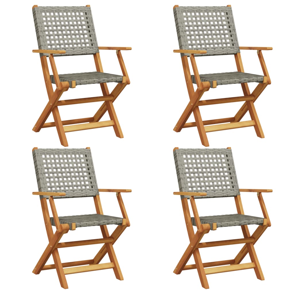 4-Piece Grey Poly Rattan & Wood Folding Garden Chairs Set