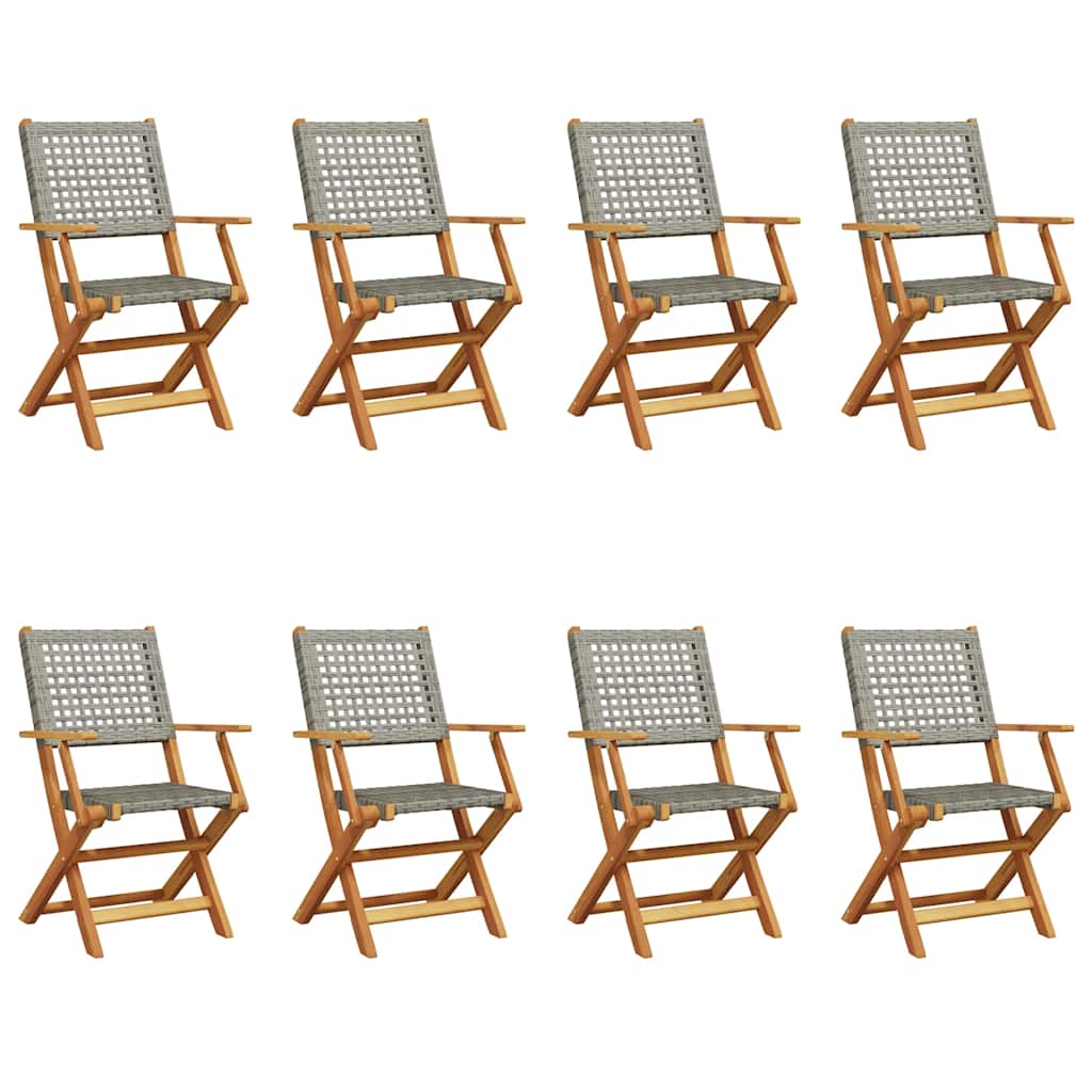 8-Piece Grey Poly Rattan Folding Garden Chairs with Solid Wood