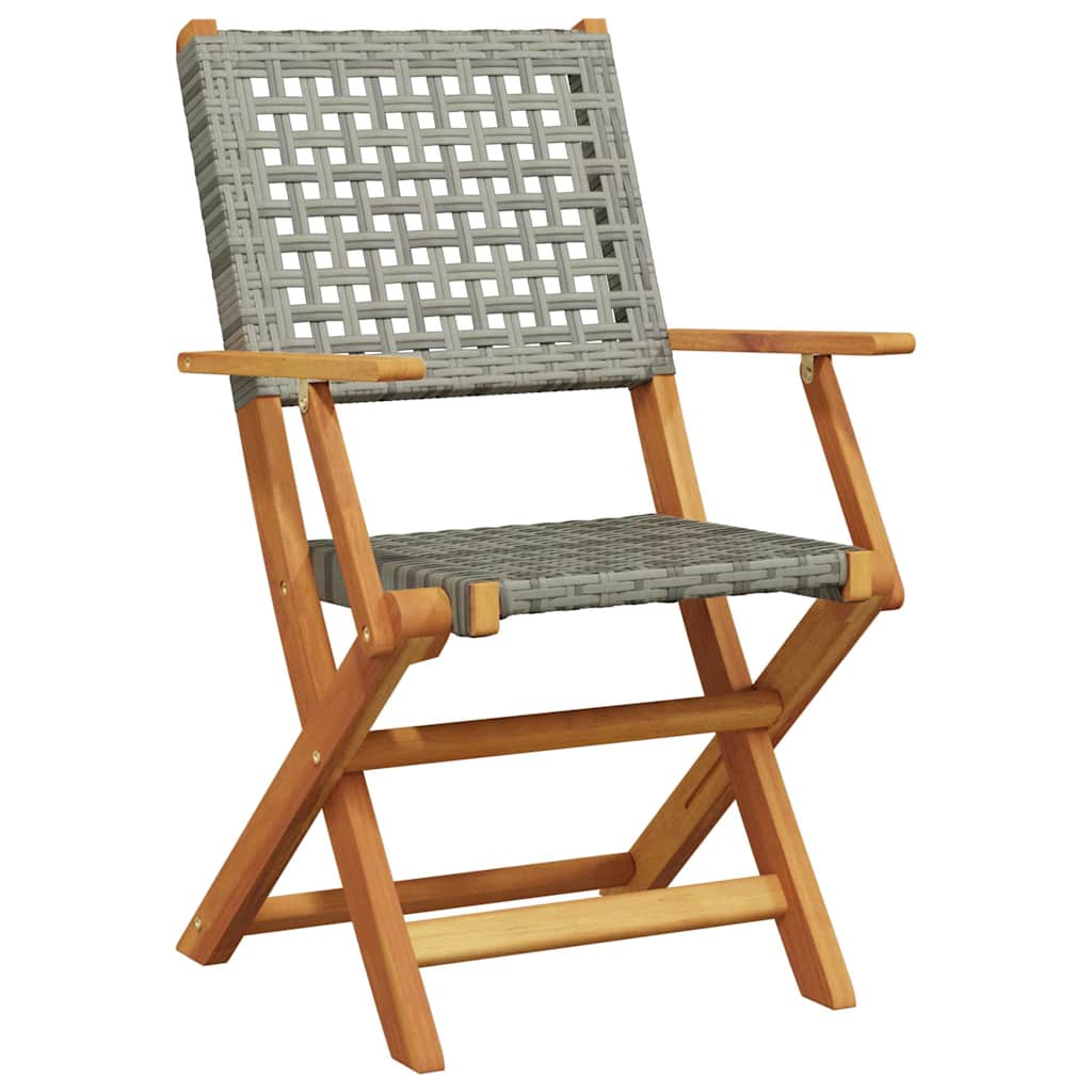 8-Piece Grey Poly Rattan Folding Garden Chairs with Solid Wood