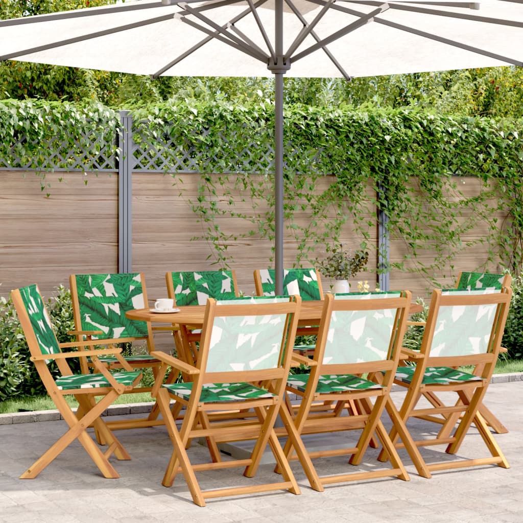 8-Piece Folding Garden Chairs Set - Green Fabric & Solid Wood