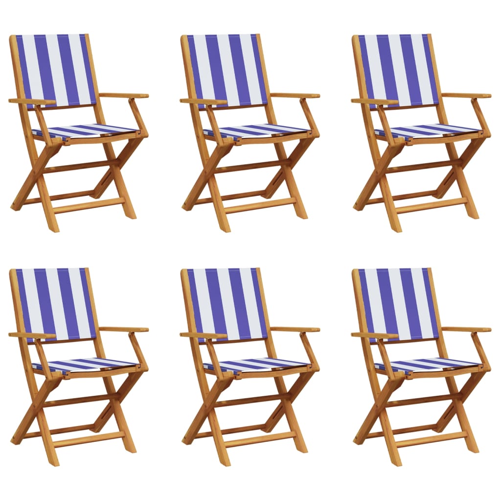 6-Piece Blue & White Fabric Folding Garden Chairs, Solid Wood