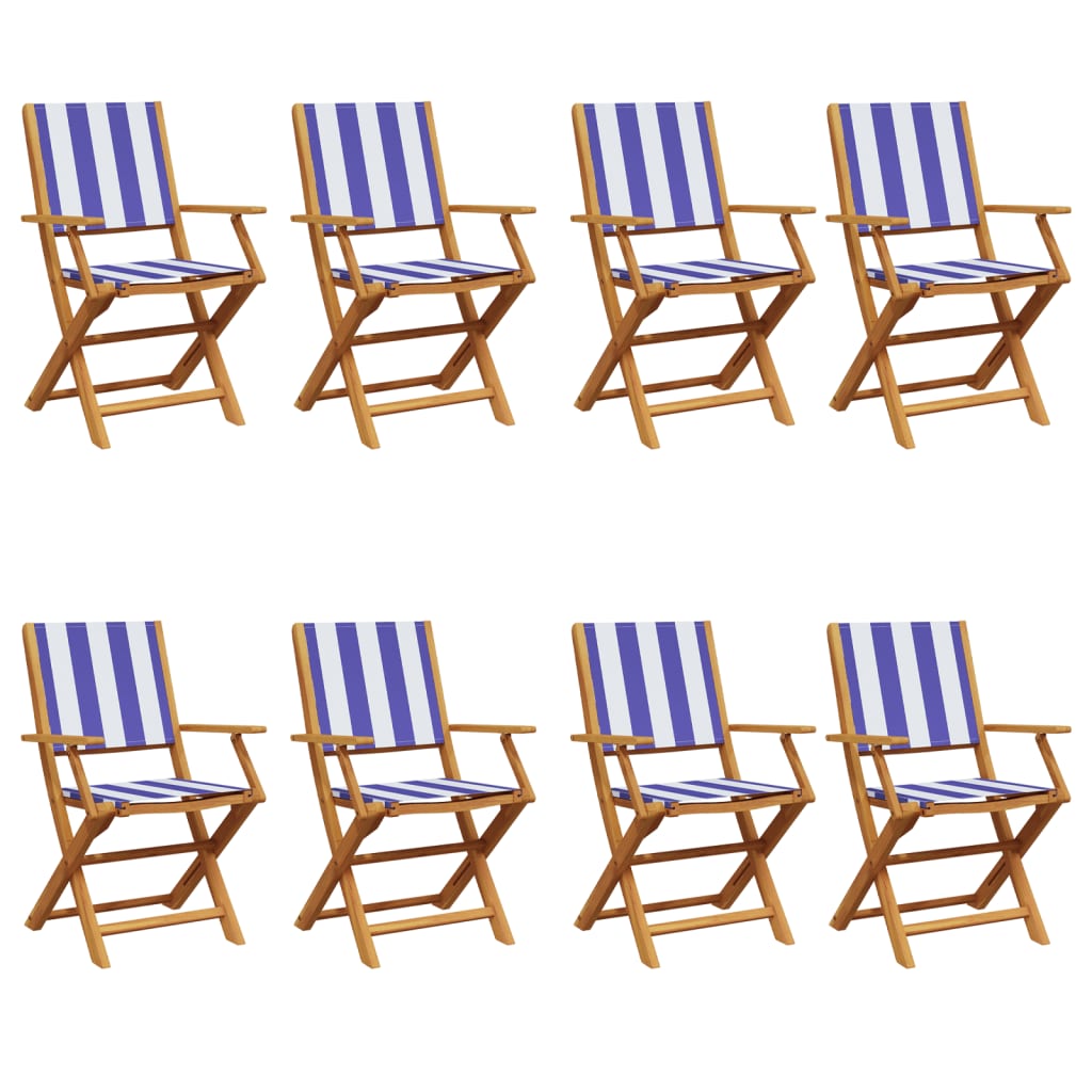 8-Piece Blue & White Folding Garden Chairs - Solid Wood Frame