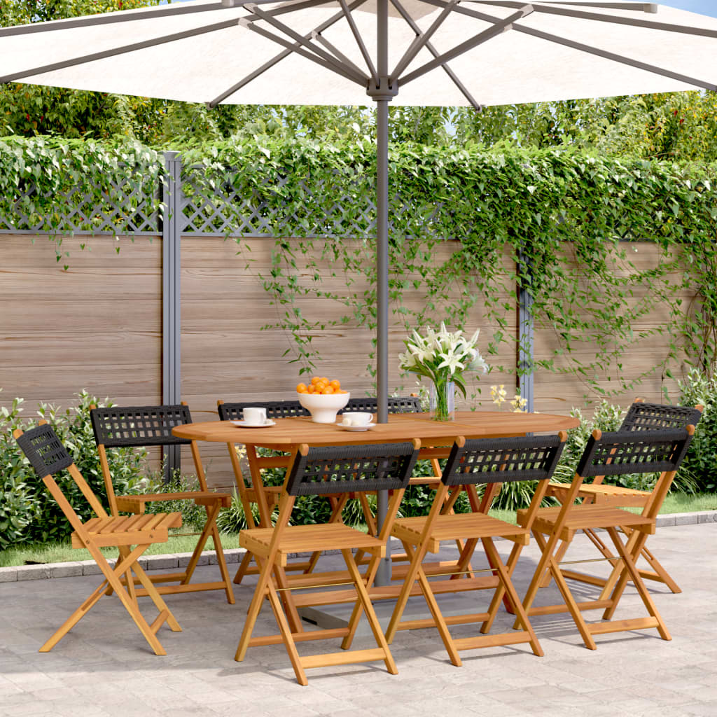 8-Piece Black Poly Rattan & Wood Folding Garden Chair Set