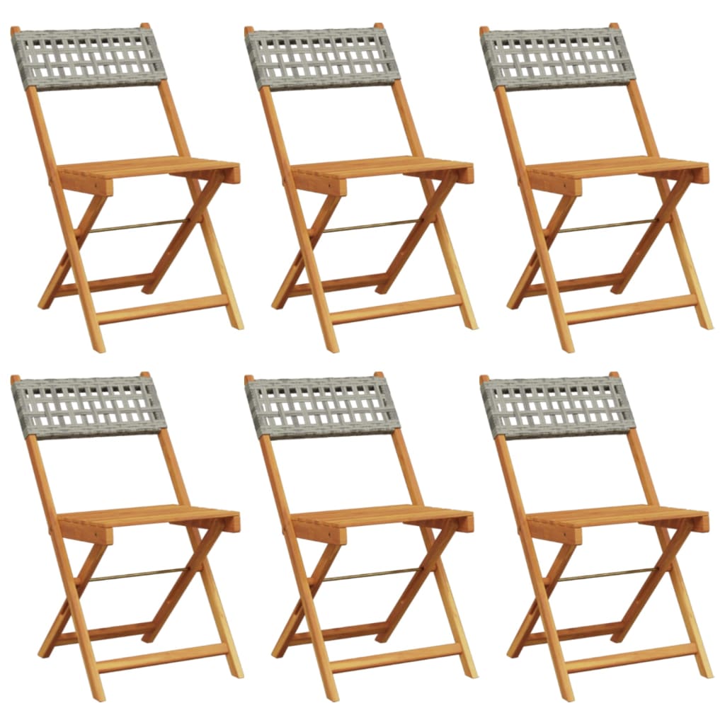 6 Grey Poly Rattan & Wood Folding Garden Chairs - Set of 6