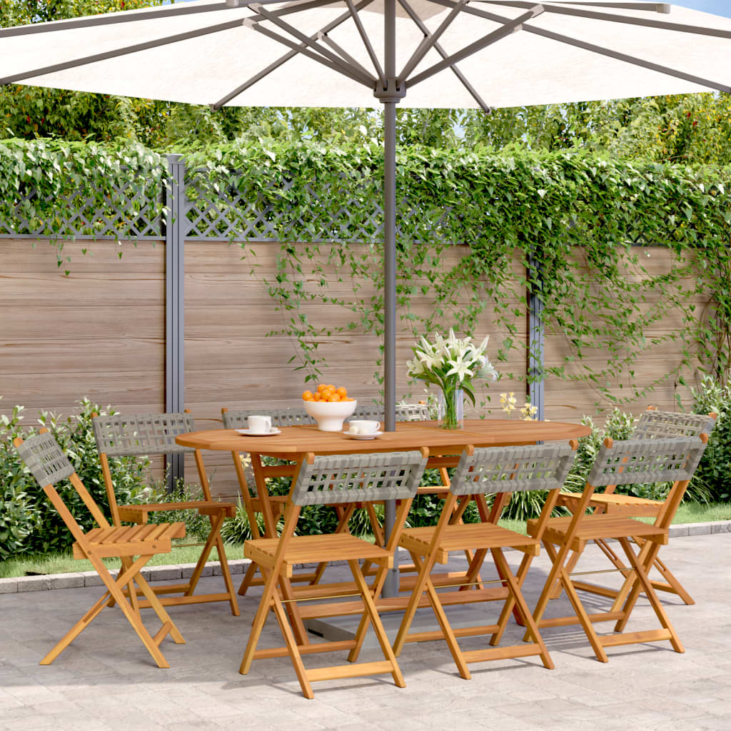 8-Piece Grey Poly Rattan & Wood Folding Garden Chairs Set