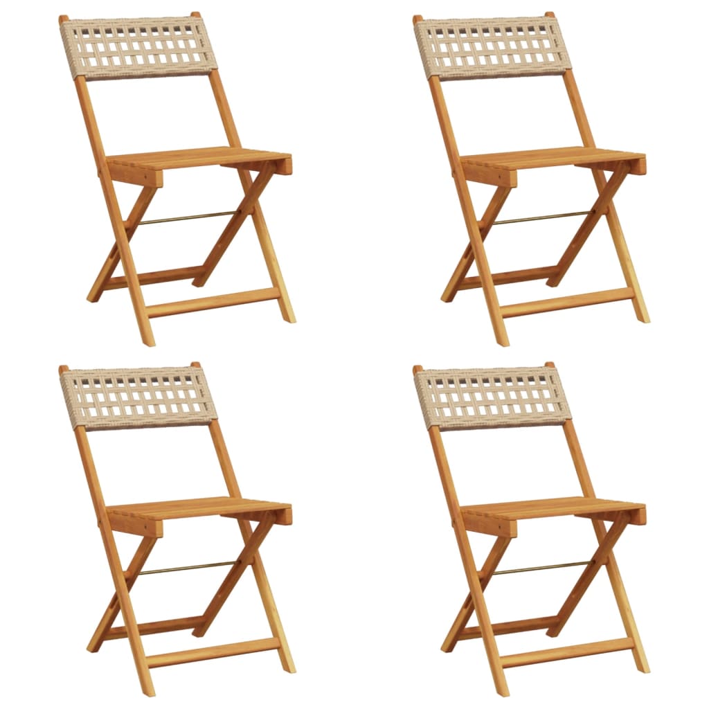 Beige Folding Garden Chairs 4pc Set - Poly Rattan & Solid Wood