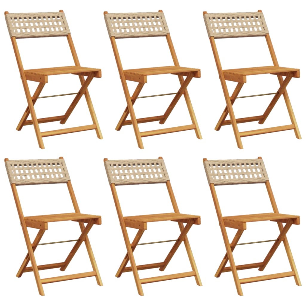 Beige Poly Rattan & Wood Folding Garden Chairs - Set of 6