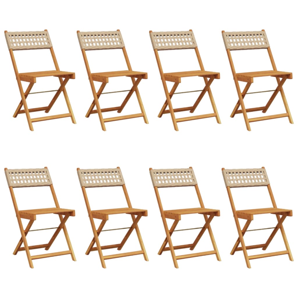 8-Piece Beige Poly Rattan & Wood Folding Garden Chairs Set