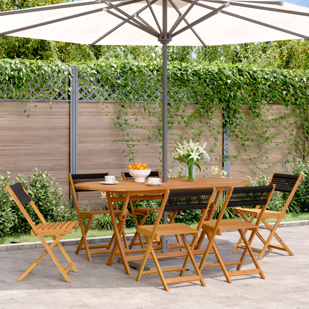6 Black Solid Acacia Wood Folding Garden Chairs Set